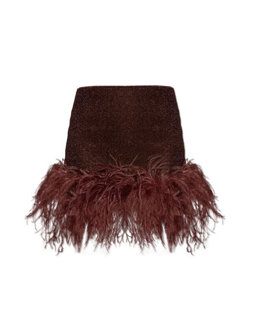 Oseree Brown Skirt With Lurex Thread And Feathers