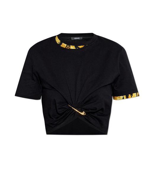 Versace Black T-Shirt With Decorative Safety Pin And Draping