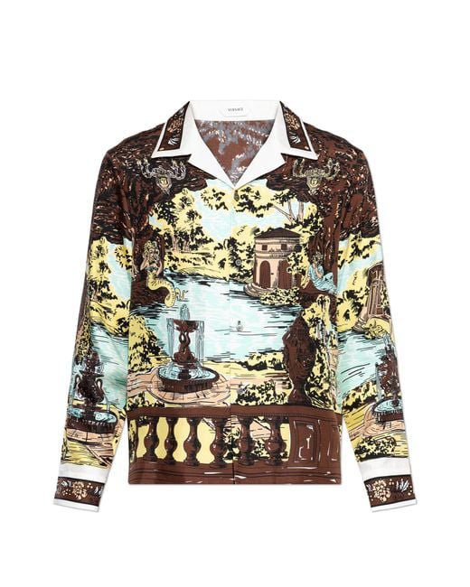 Versace Brown Silk Shirt With Print for men
