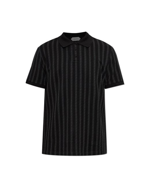 Versace Black Cotton Polo Shirt With Monogram for men