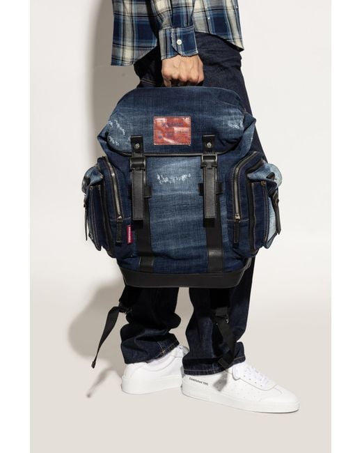 DSquared² Blue Denim Backpack With Logo for men