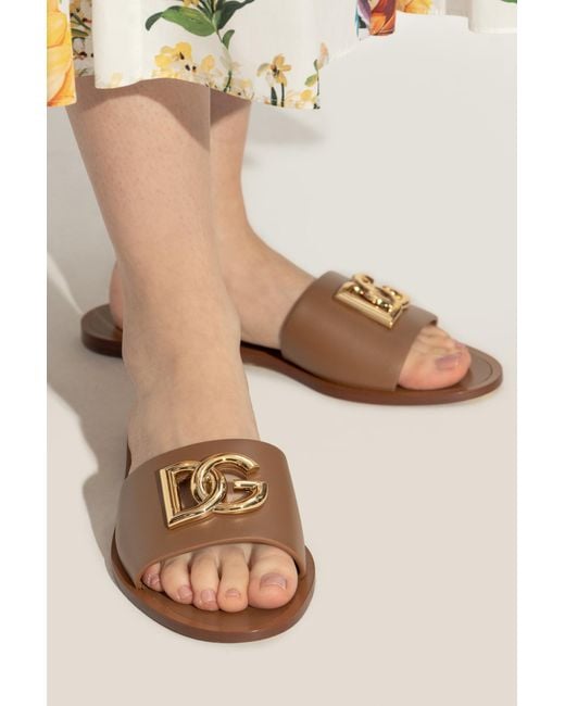 Dolce & Gabbana White Leather Slides With A Logo-Shaped Applique