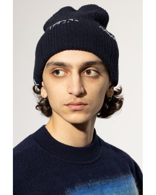 Marni Blue Wool Beanie With Stitching for men