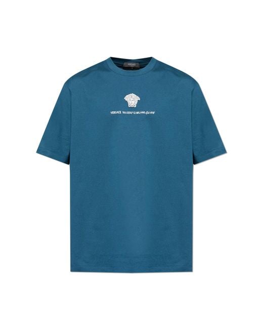 Versace Blue T-Shirt With Embroidered Logo for men