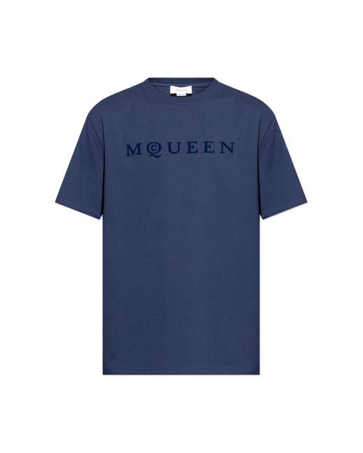 McQueen Blue T-Shirt With A Velvet-Finish Logo for men