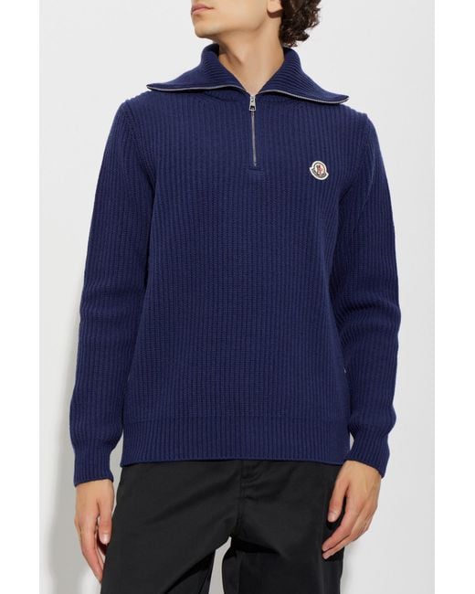 Moncler Blue Wool Turtleneck With Logo Patch for men