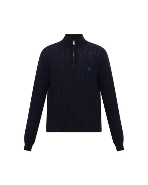 Etro Blue Cashmere Sweater With Embroidered Logo for men