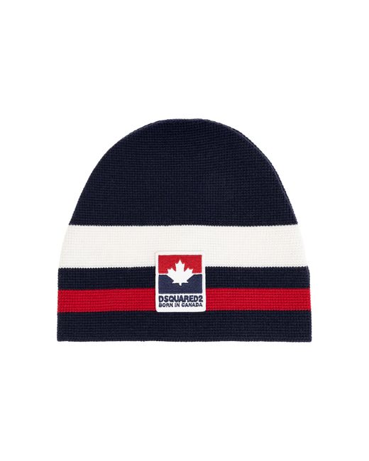DSquared² Blue Wool Beanie With Sewn-On Logo for men