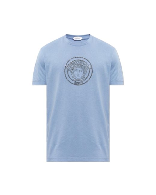 Versace Blue T-Shirt With Shimmering Crystals for men