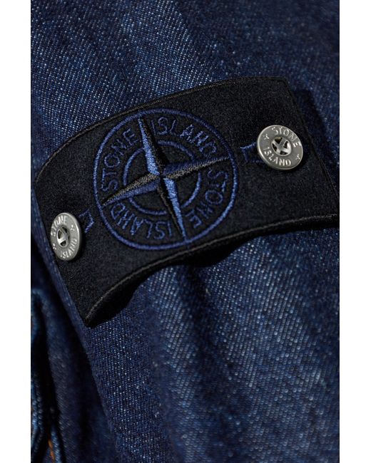 Stone Island Blue Denim Jacket With Logo Patch for men