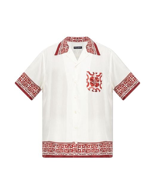Dolce & Gabbana White Silk Shirt With "Majolica" Print for men