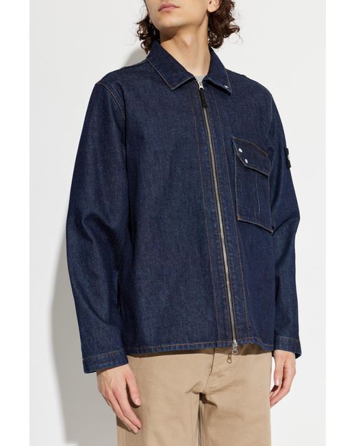 Stone Island Blue Denim Jacket With Logo Patch for men