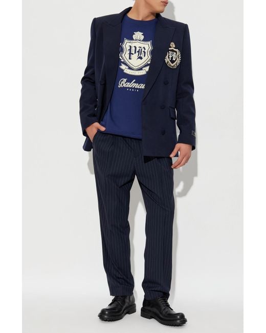 Balmain Blue Double-Breasted Blazer With Applique for men