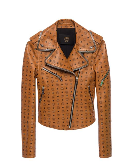 MCM Brown Visetos Print Leather Rider Jacket