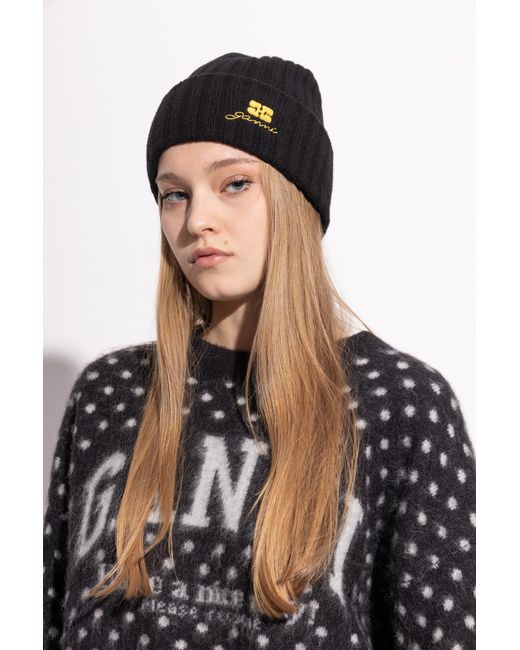 Ganni Black Cap With Embroidered Logo