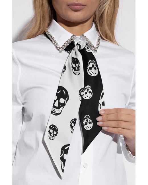 McQueen Black Silk Scarf With A Distinctive Skull Motif