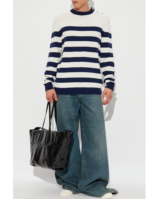 Balmain White Striped Pattern Sweater for men