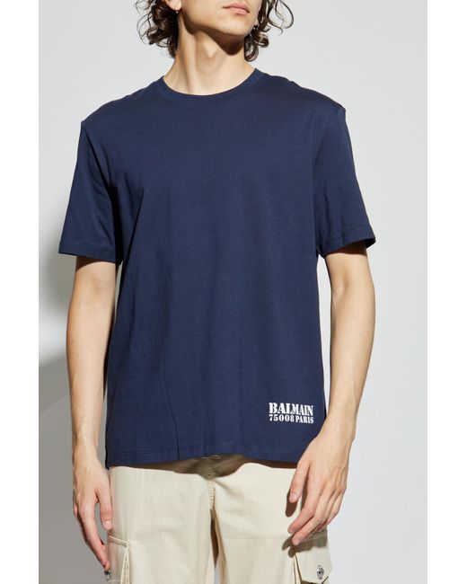 Balmain Blue T-Shirt With Printed Logo for men