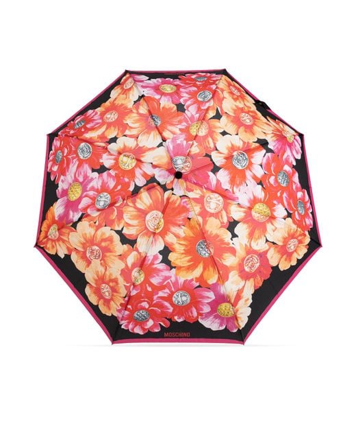 Moschino Red Folding Umbrella With Floral Motif