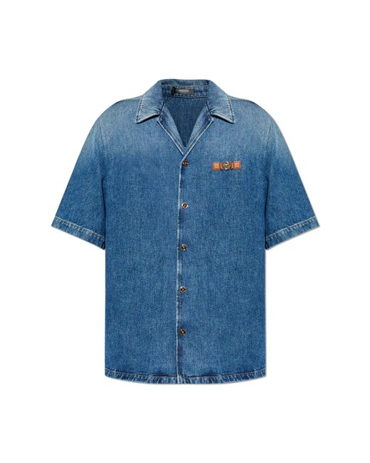Versace Blue Denim Shirt With Short Sleeves for men