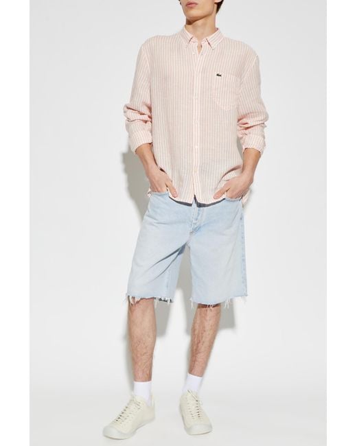 Lacoste White Linen Shirt With Striped Pattern for men