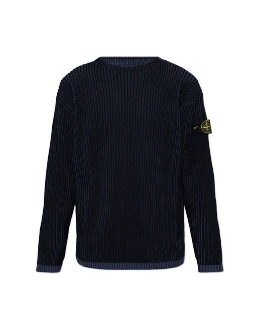 Stone Island Blue Ribbed Sweater With Logo for men