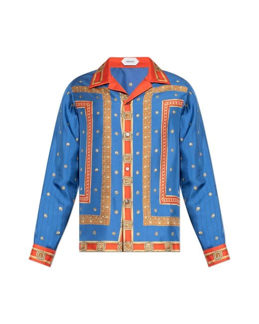 Versace Blue Silk Shirt With Print for men