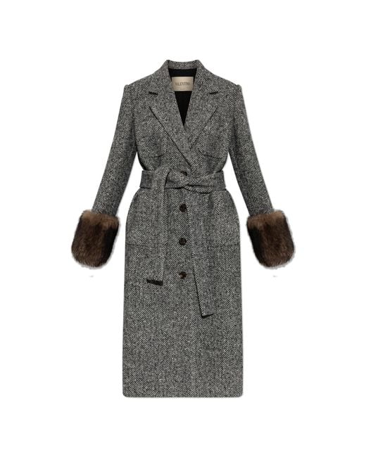 Valentino Garavani Black Wool Coat With A Herringbone Pattern