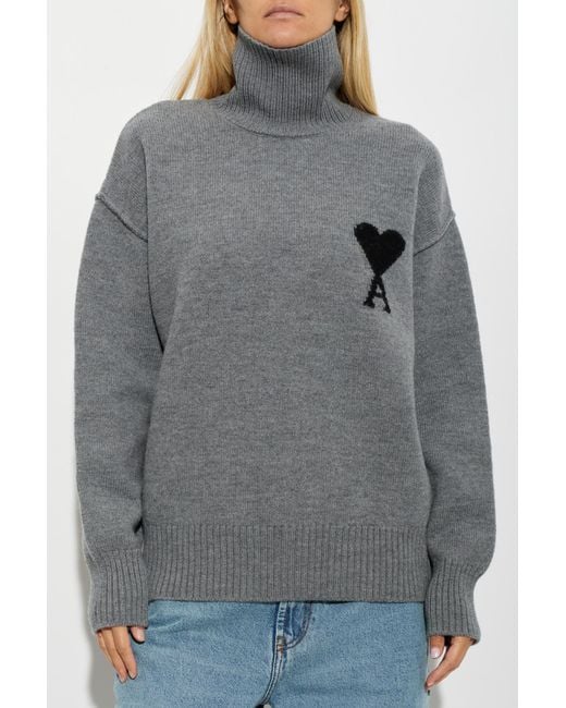 AMI Gray Wool Turtleneck With Logo