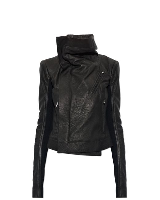 Rick Owens Black Leather Jacket With Stand-Up Collar