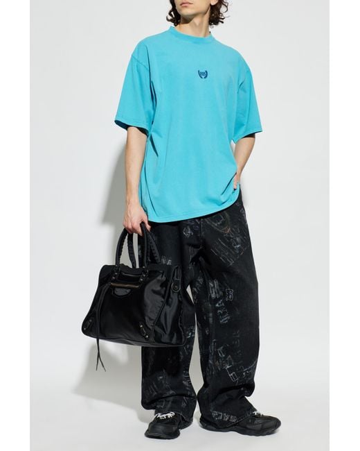 Balenciaga Blue T-Shirt With Embroidered Logo for men