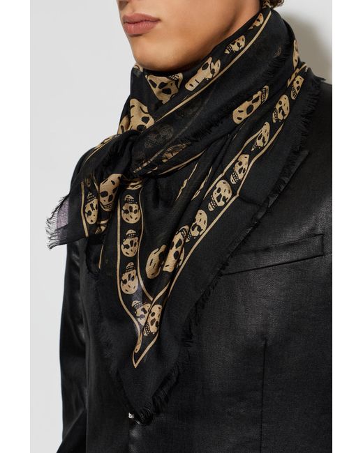 McQueen Black Silk Scarf With A Distinctive Skull Motif for men