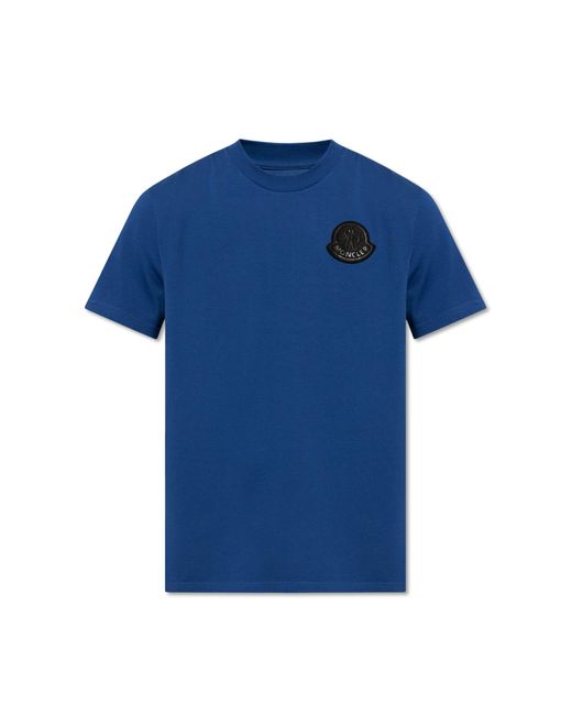 Moncler Blue T-Shirt With Logo Patch for men