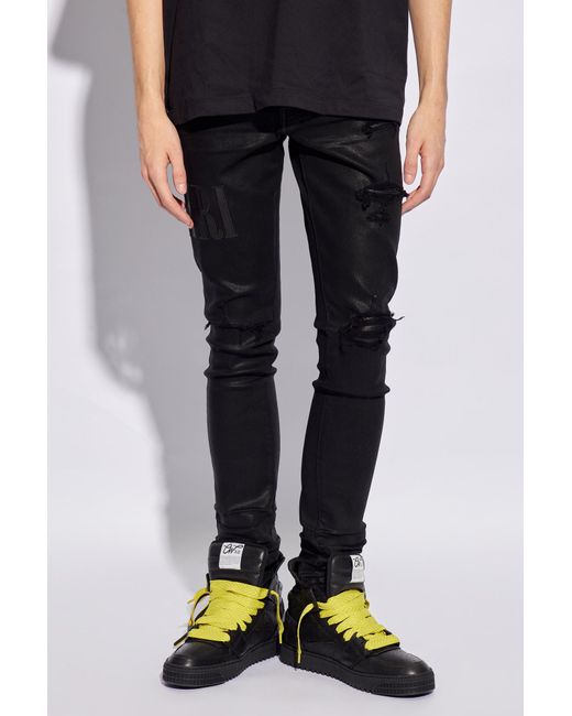 Amiri Black Waxed Jeans With Logo, for men