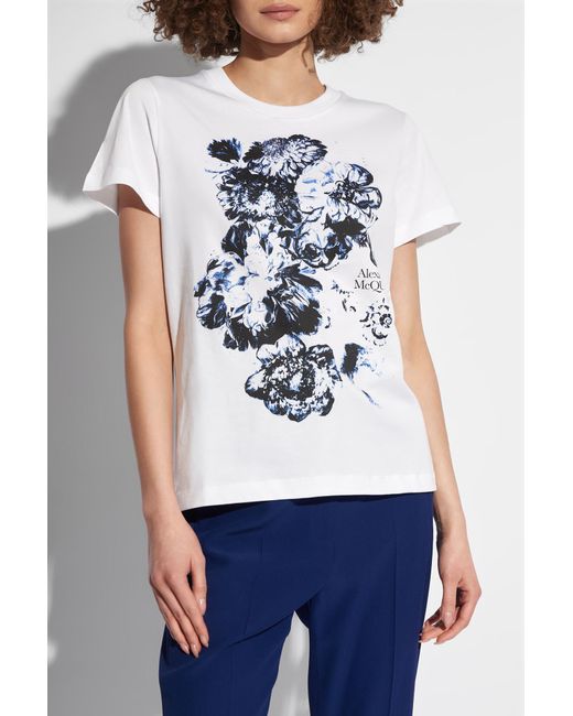 Alexander McQueen White T-Shirt With Floral Motif