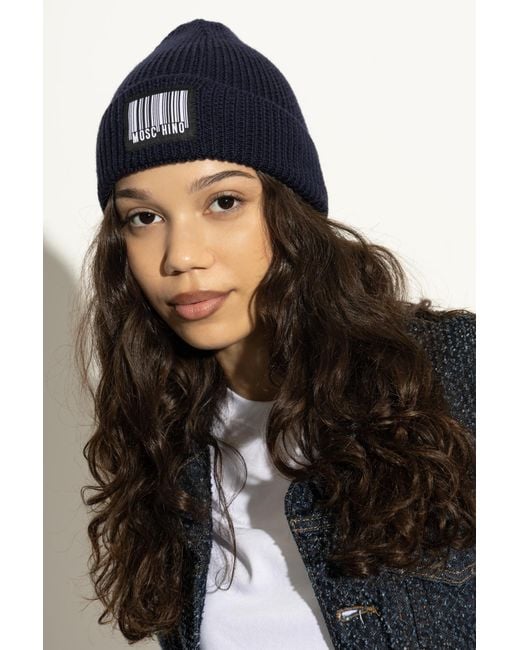Moschino Blue Wool Beanie With Logo Patch