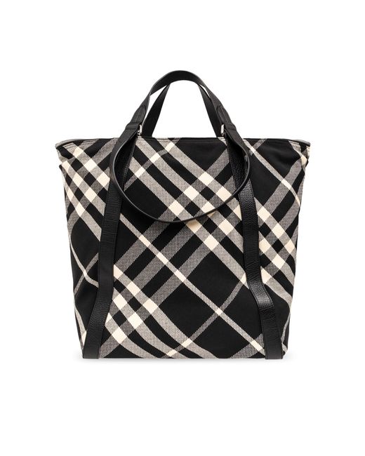 Burberry Black Shopper Bag With Check Pattern for men