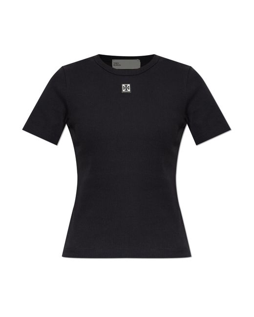 Tory Burch Black Ribbed Top With Logo Patch