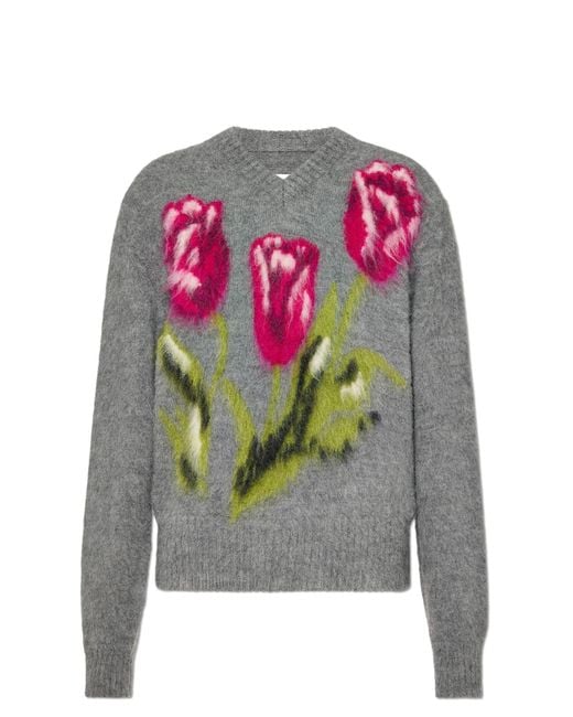 Maison Margiela Gray Wool Sweater With Floral Motif