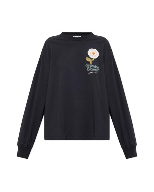Ganni Blue T-Shirt With Colorful Embroidery