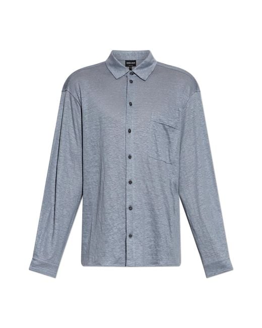Giorgio Armani Blue Linen Shirt With Pocket for men