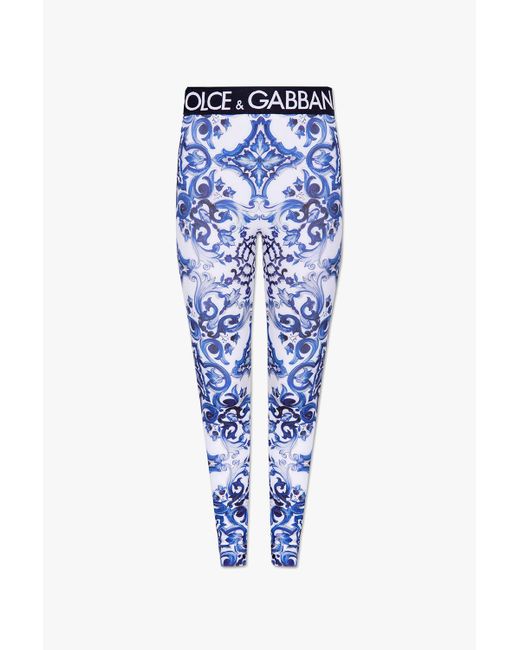 Dolce & Gabbana Blue Blu Mediterraneo Painterly Logo Leggings