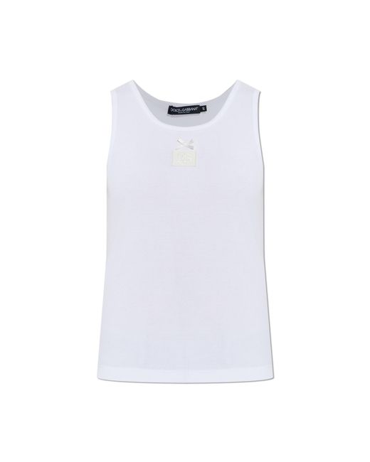 Dolce & Gabbana White Ribbed Top With Logo Patch