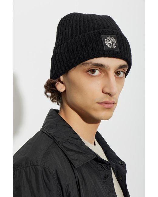 Stone Island Black Wool Hat With Patch for men