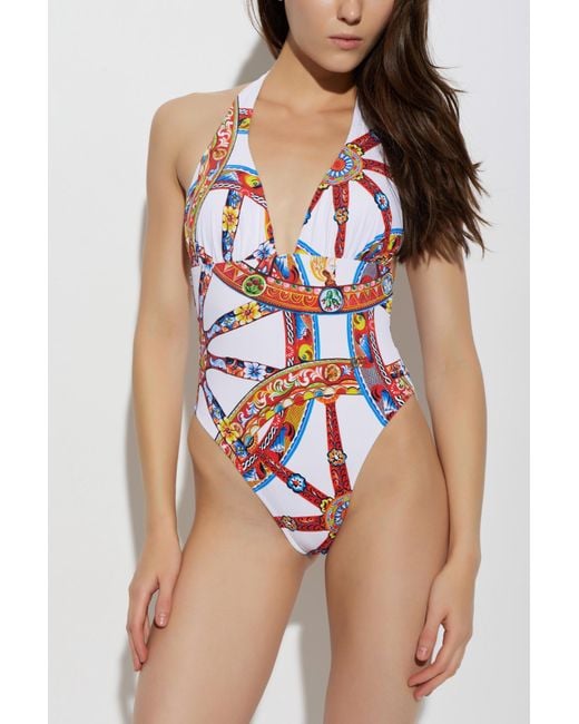 Dolce & Gabbana White One-Piece Swimsuit With 'Carretto' Print