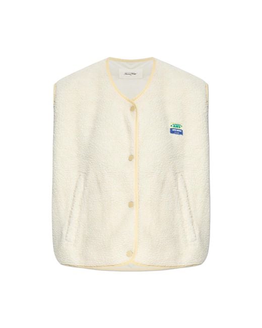 American Vintage White Faux Fur Vest With Logo Patch