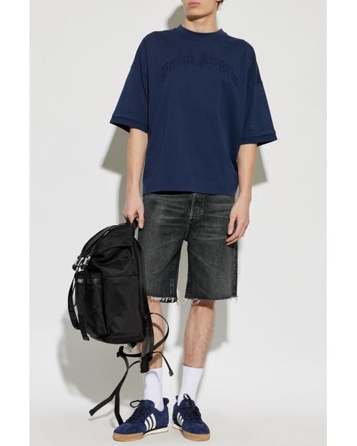 Palm Angels Blue T-Shirt With Embroidered Logo for men