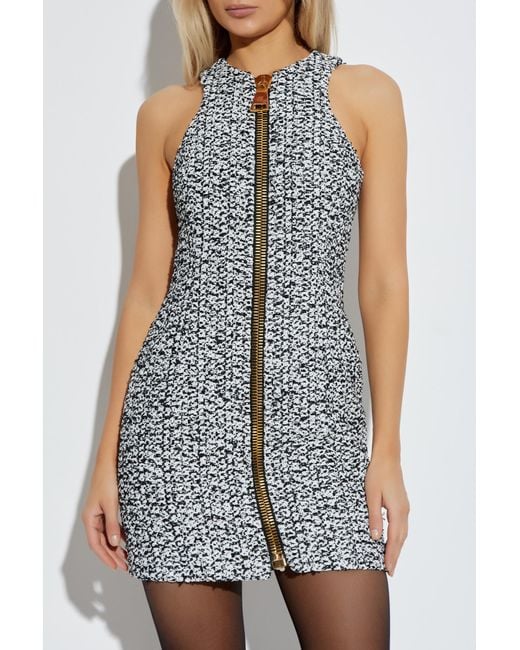 Balmain Gray Sleeveless Tweed Dress