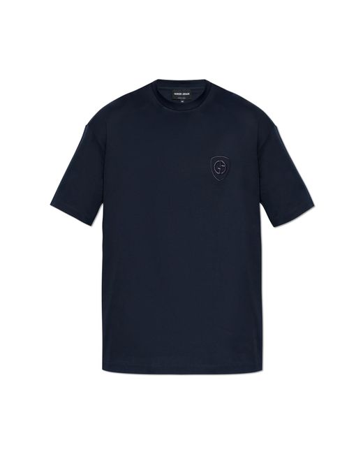 Giorgio Armani Blue T-Shirt With Embroidered Logo for men