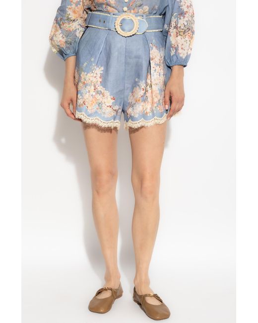 Zimmermann Blue Linen Shorts With Floral Motif,